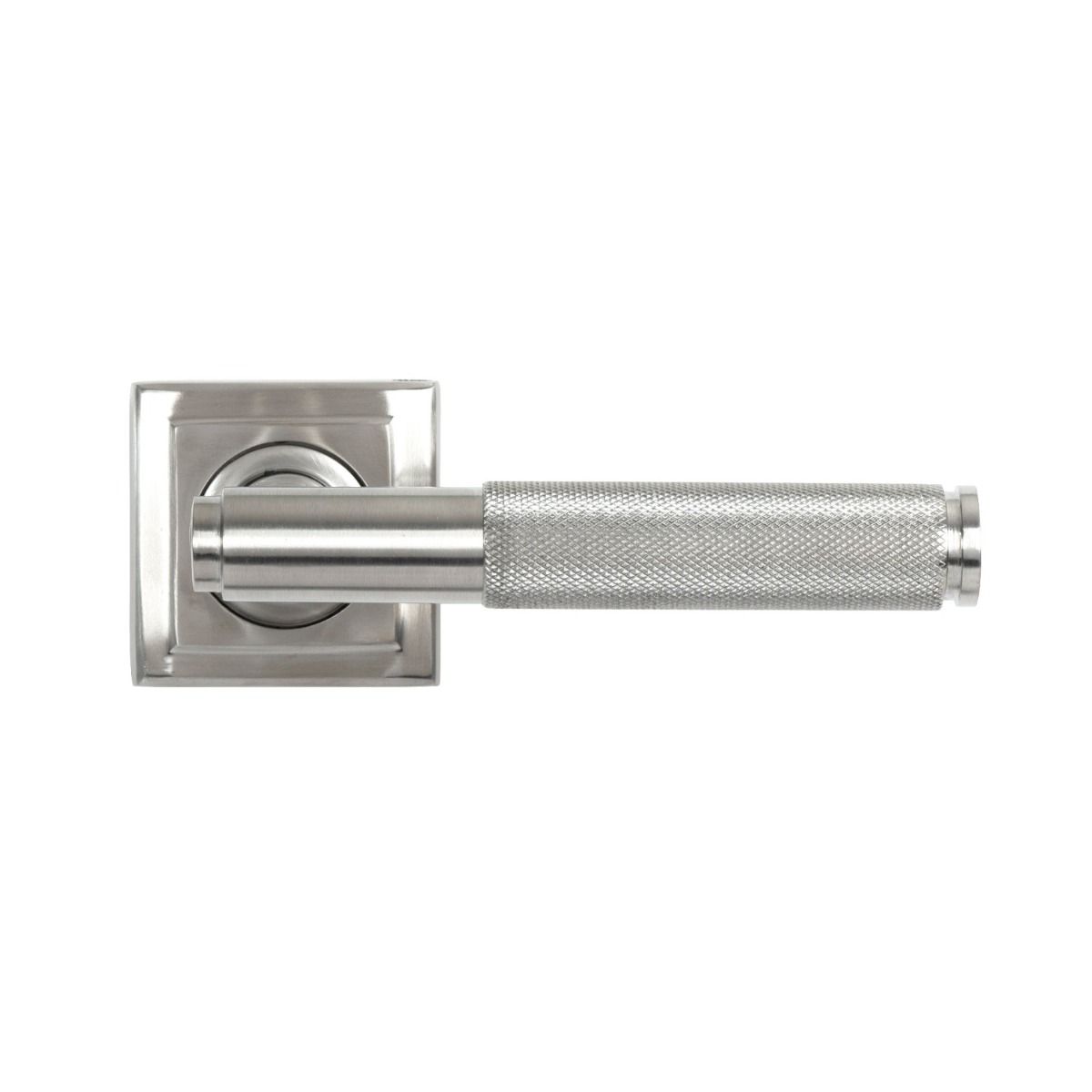 The Knurled Sprung Handle Set on a Square Rose in Satin Stainless Steel Shown from the Front on a White Background