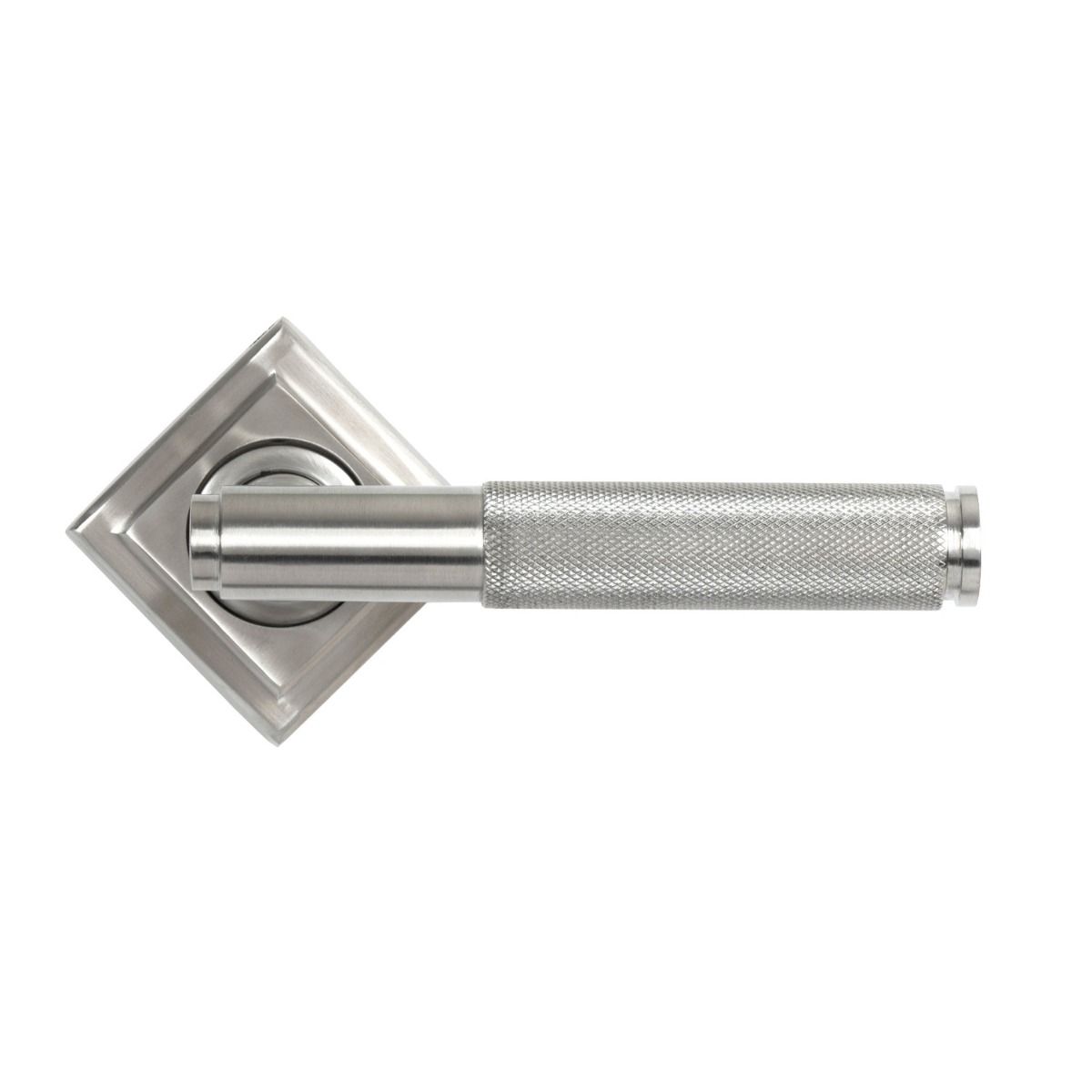 The Knurled Sprung Handle Set on a Square Rose in Satin Stainless Steel Shown with the Square Backplate in a Diamond Orientation
