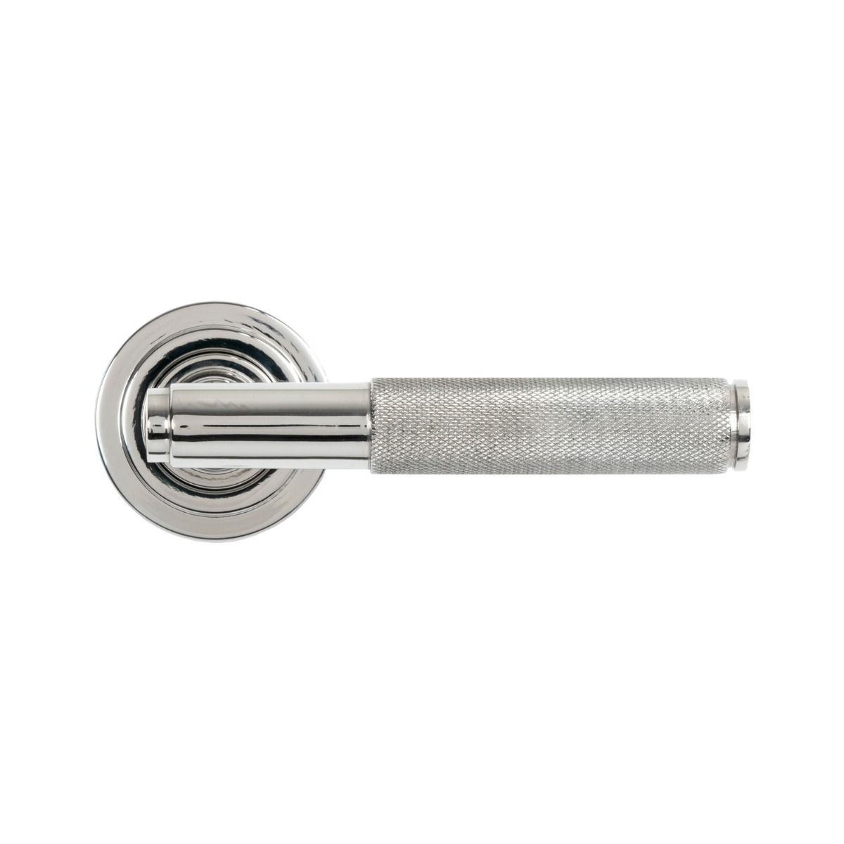 The Knurled Sprung Handle Set on an Art Deco Rose in Polished Stainless Steel Shown from the Front on a White Background