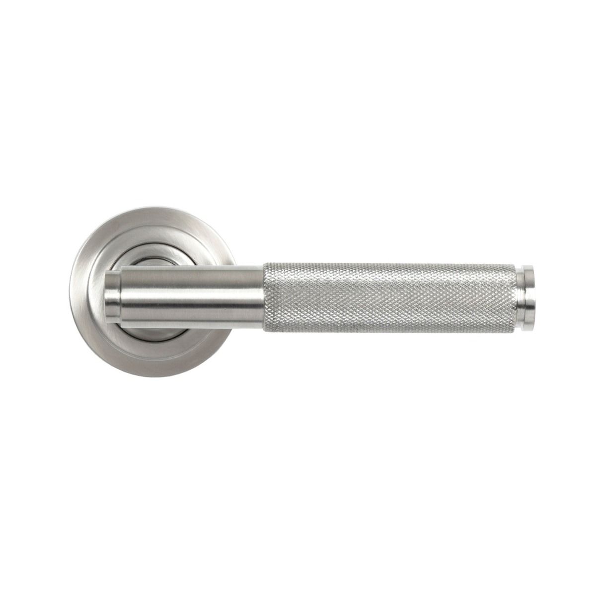 The Knurled Sprung Handle Set on an Art Deco Rose in Satin Stainless Steel Shown from the Front on a White Background