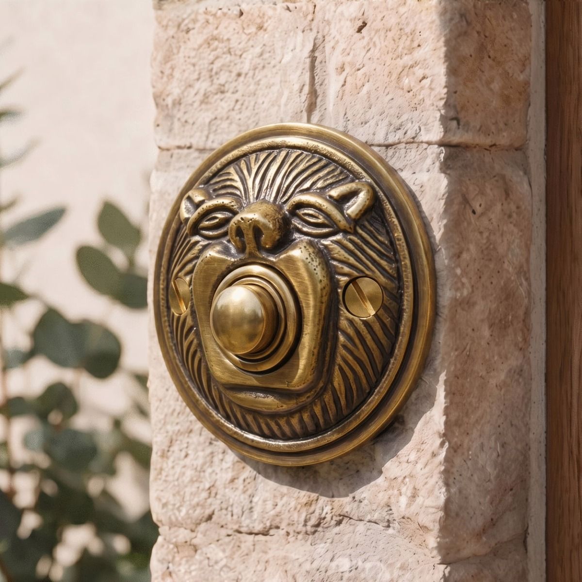 The “Lambeth Hall” Antique Brass Round Lion Bell Pushon the Front of a Snone Brick House Next to a Front Door - Digital Illustration 