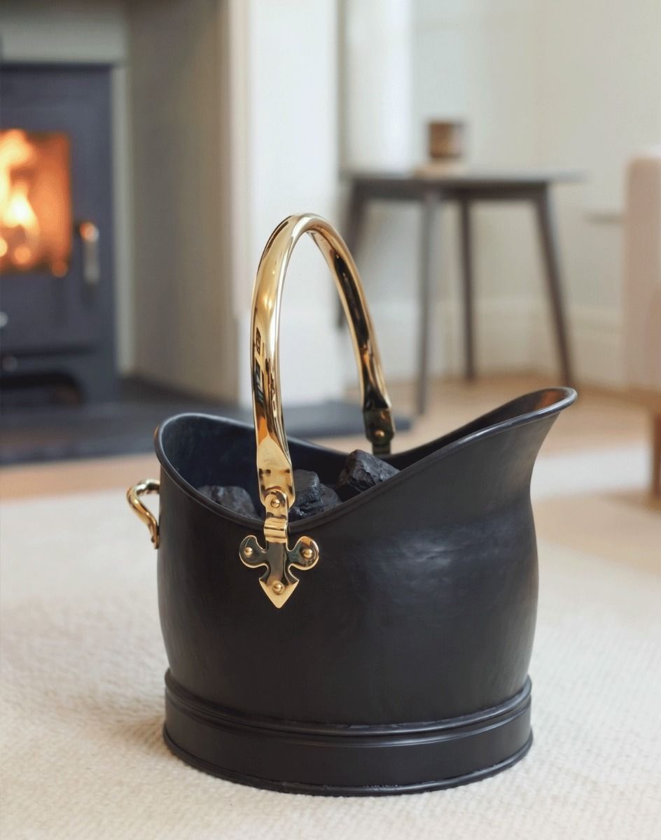 The Large "Hinswick" Victorian Black Iron and Nickel Coal Bucket in a Cream Living Room with a Lit Fireplace in the Background - Digital Illustration