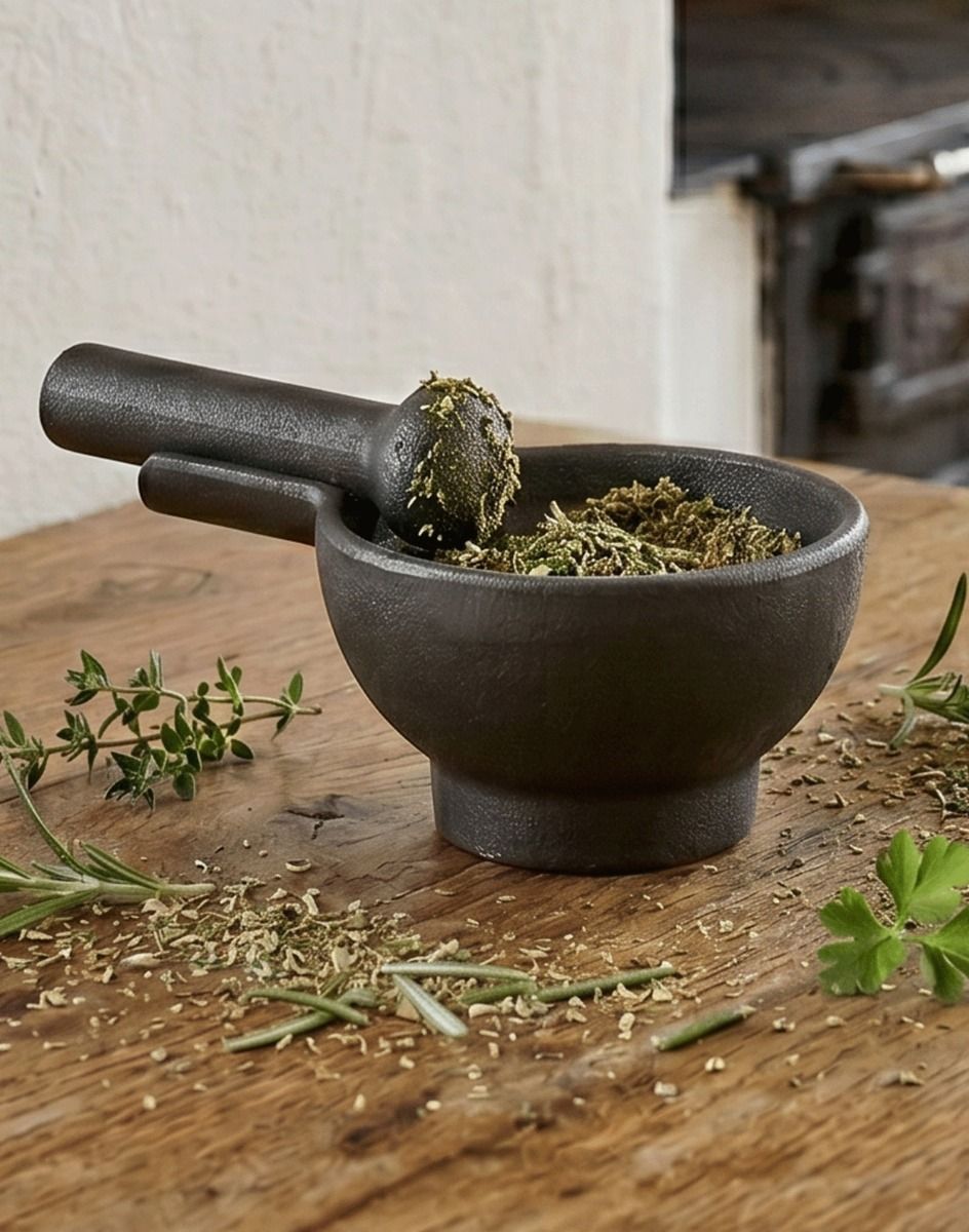 The Large Cast Iron “Amberden Grind” Mortar and Pestle on a Wooden Kitchen Worktop with Herbs - Digital Illustration