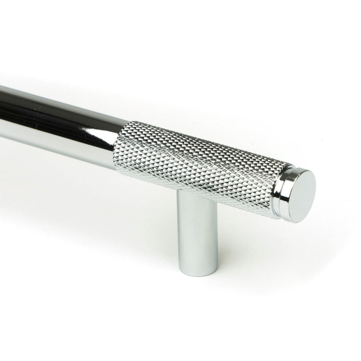 The Large Half Knurled Cabinet Pull Handle in Polished Chrome Looking Close up of the End of the Knurled Handle
