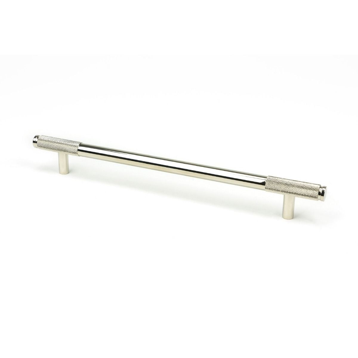 The Large Half Knurled Cabinet Pull Handle in Polished Nickel Shown Upright on a White Background
