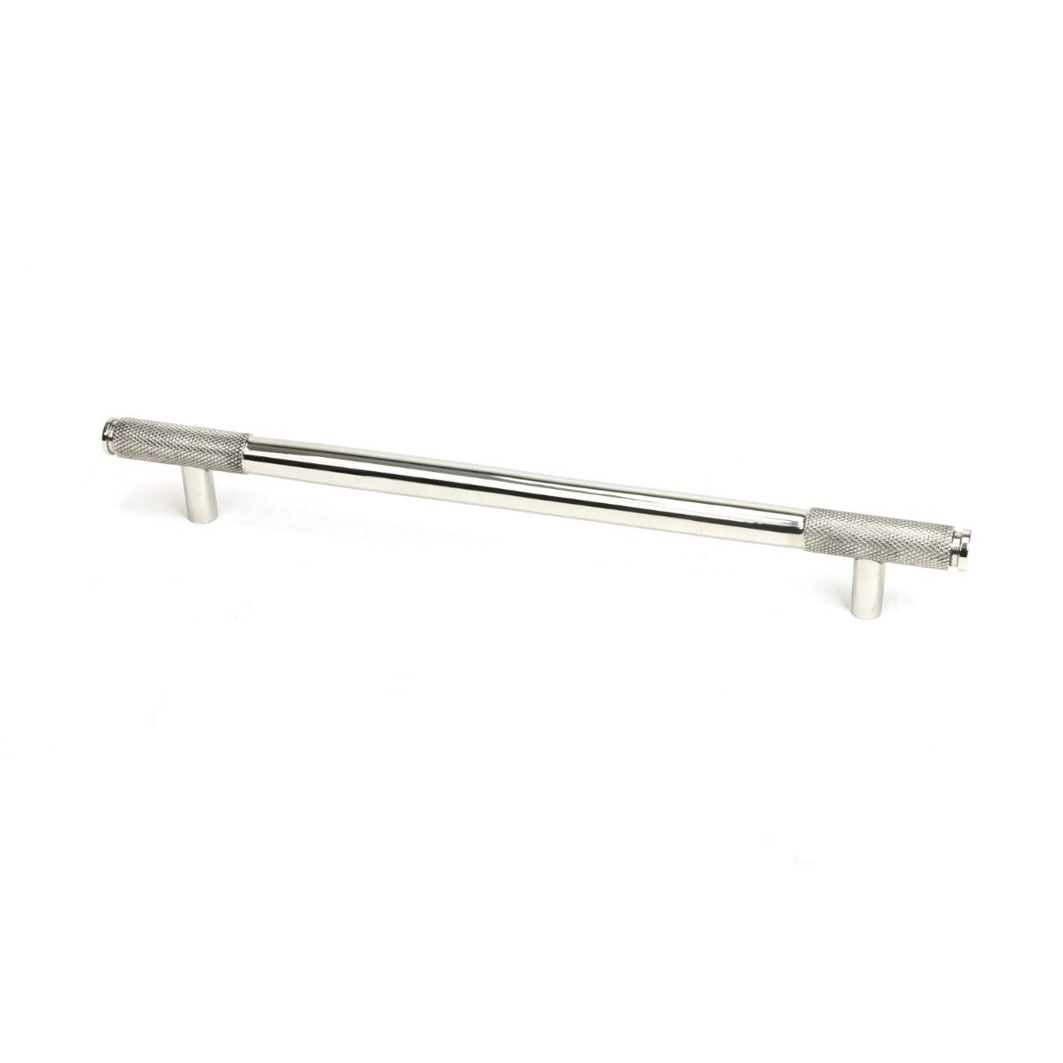 The Large Half Knurled Cabinet Pull Handle in Polished Stainless Steel Shown Upright on a White Background