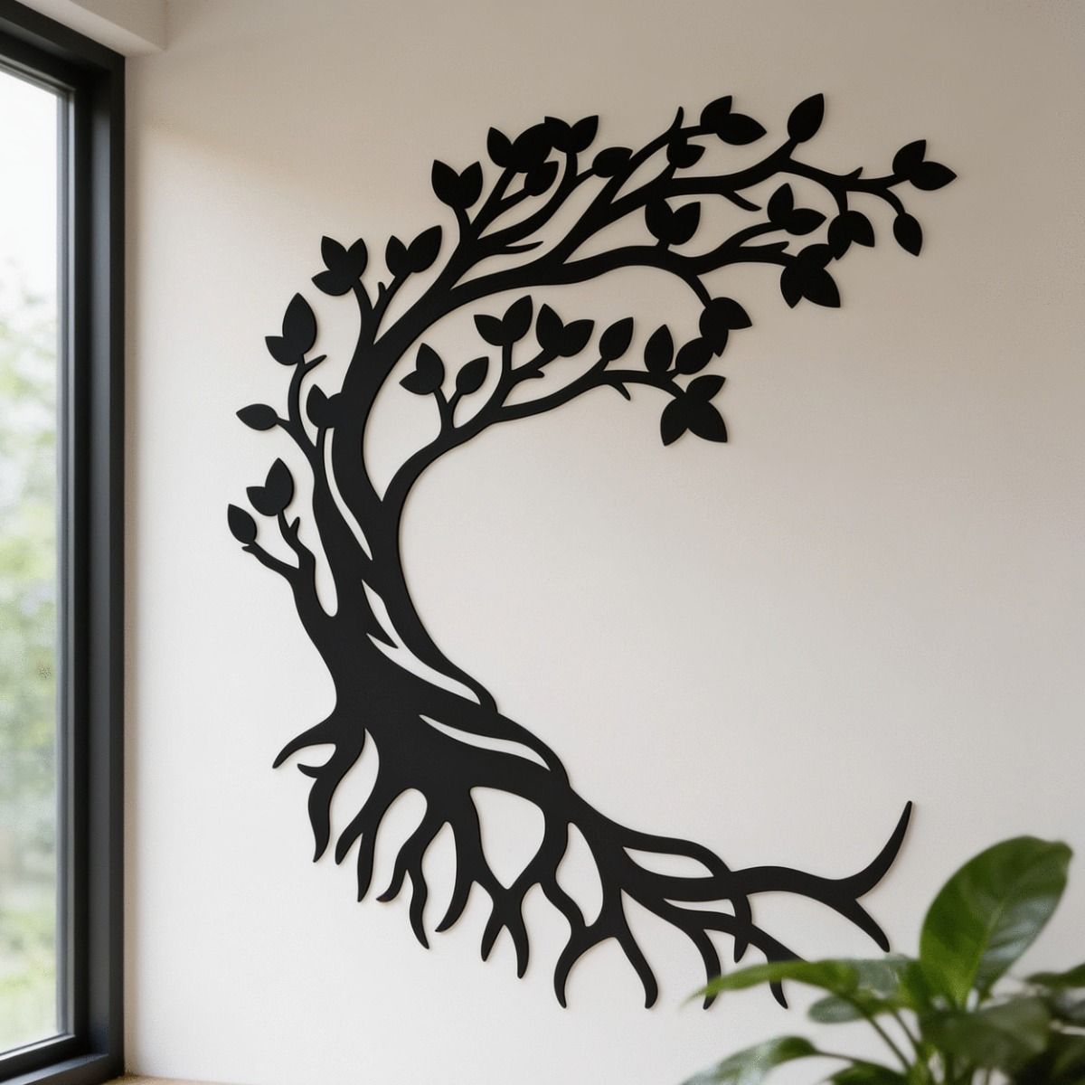The Large Half Moon Tree of Life Wall Art Displayed in a Contemporary Living Room Setting - Digital Illustration 