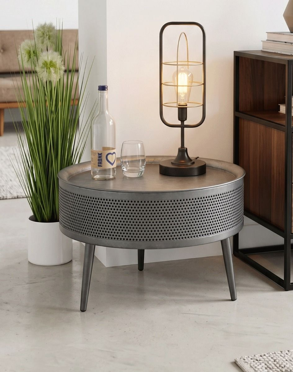 The Large Industrial Mesh Tripod Coffee Table with a Lamp on Top in a Modern Living Room - Digital Illustration