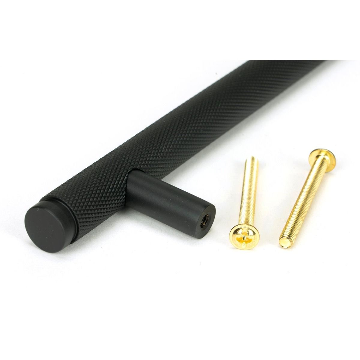 The Large Knurled Cabinet Pull Handle in Matt Black Showing a Close up Image of the Supplied Fittings