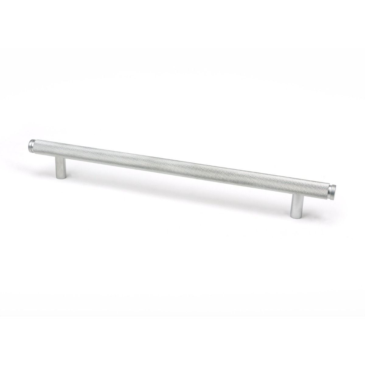 The Large Knurled Cabinet Pull Handle in Satin Chrome Shown Upright on a White Background