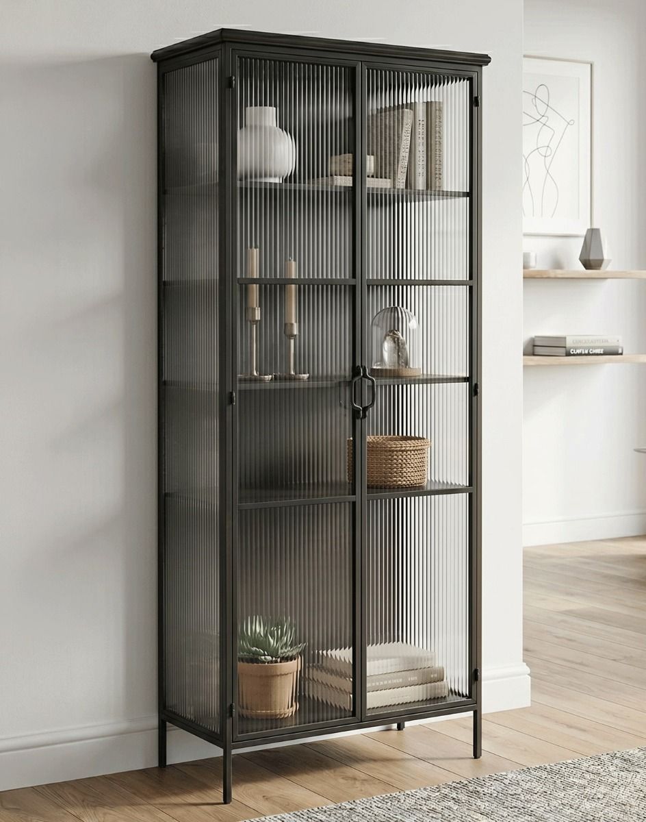 The Large Metal and Glass Cabinet in a Grey Industrial Aesthetic and Ribbed Glass in a Modern Living Room - Digital Illustration 
