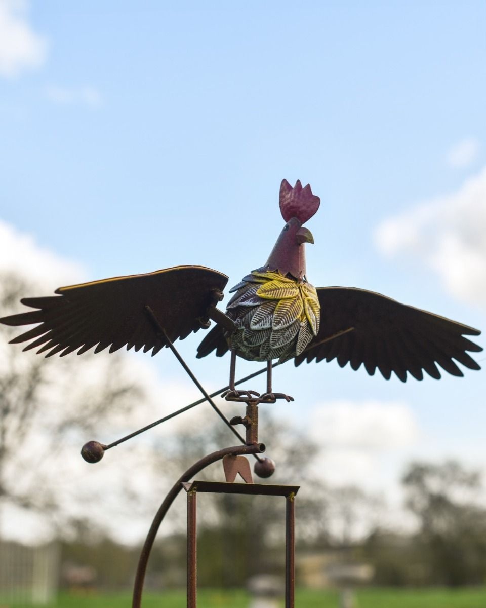The Large Metal Rooster Rocking Garden Spike Close up of the Rooster Sculpture