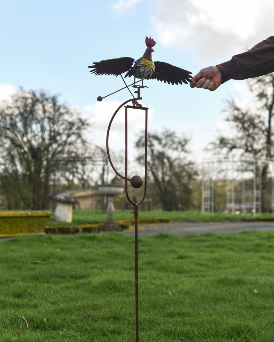 The Large Metal Rooster Rocking Garden Spike with Hand in Shot for Scale