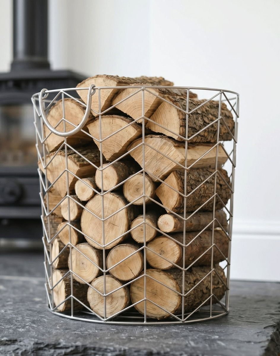 The Large Pewter Finish Wire Work Log Basket with Stacked Logs inside in Front of a Log Burner Stove - Digital Illustration 