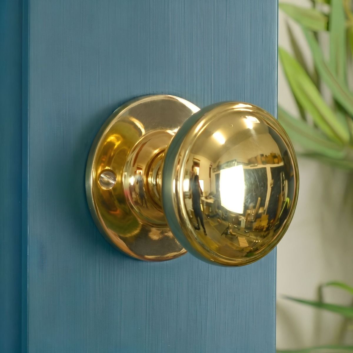 The Large Polished Brass "Mushroom" Door Knob Fitted onto a Teal Coloured Door in a Contemporary Home - Digital Illustration