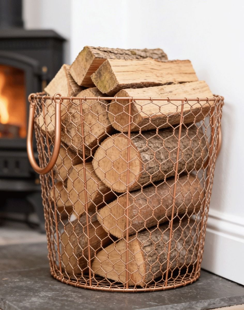 The Large Rose Gold Wire Log Basket on a Stone Hearth next to a Traditional Lob Burner Stove - Digital Illustration