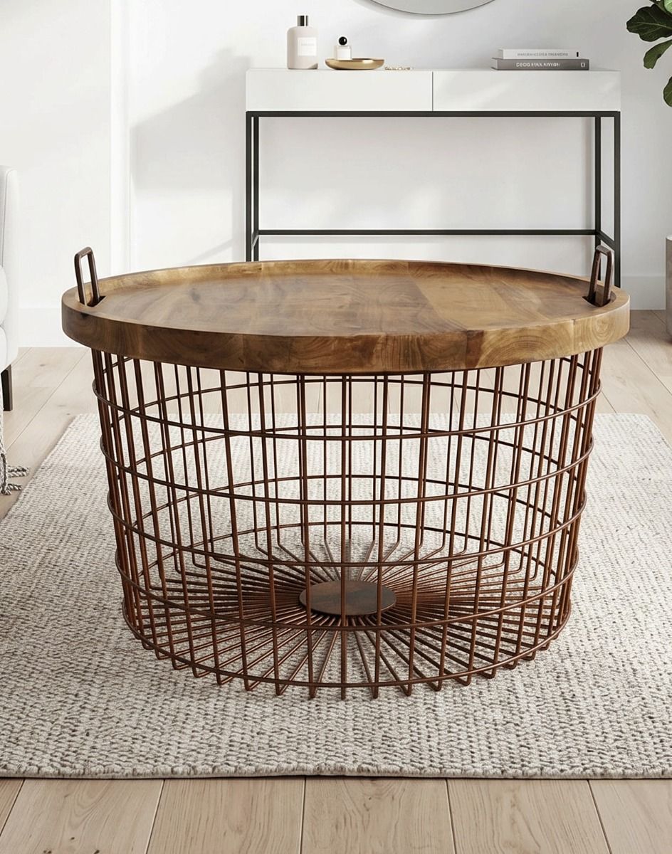 The Large Rustic Iron Table Basket placed on a Cream Rub in a Modern Living Room Interior - Digital Illustration