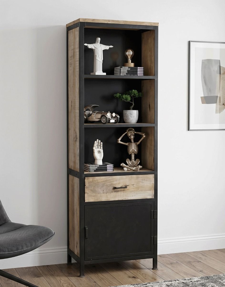 The Large Single Column Iron & Mango Wood Bookcase in a White Living Room with Ornaments on Display - Digital Illustration