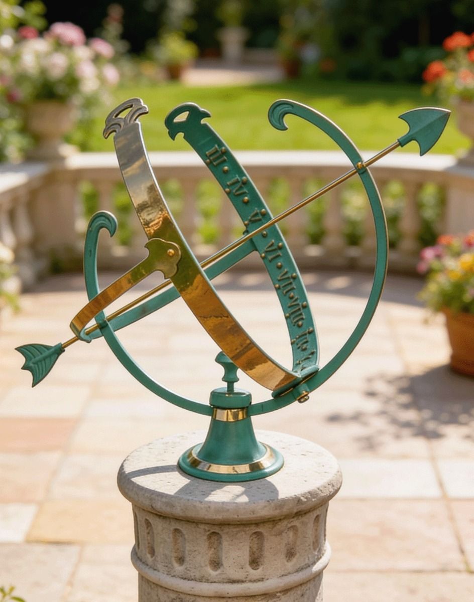 The Large Size Profatius Armillary in a Verdigris Finish on a Circular Plinth Overlooking a Heritage Garden - Digital Illustration