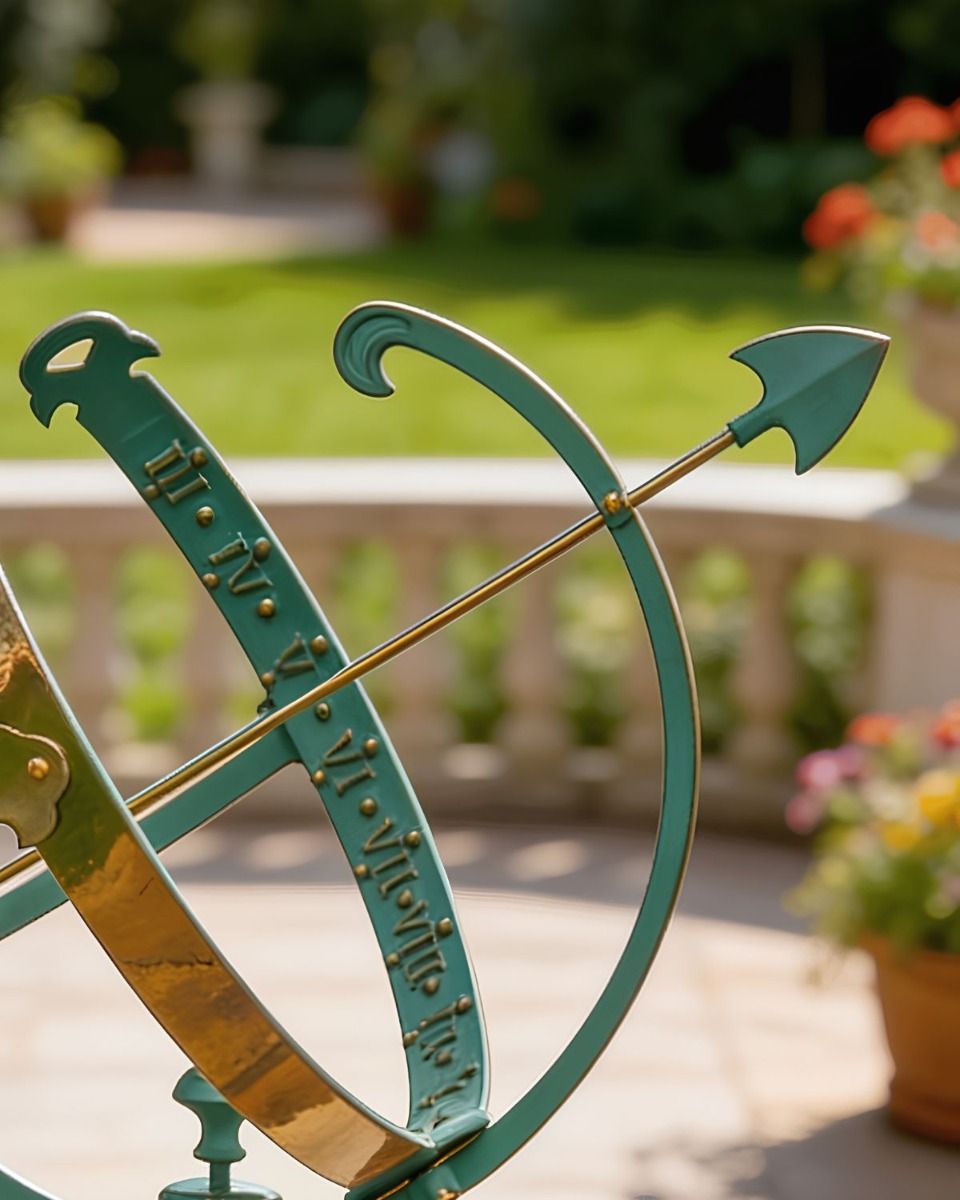 The Large Size Profatius Armillary in a Verdigris Finish on a Circular Plinth Overlooking a Heritage Garden Showing a Close up of the Arrowhead - Digital Illustration 