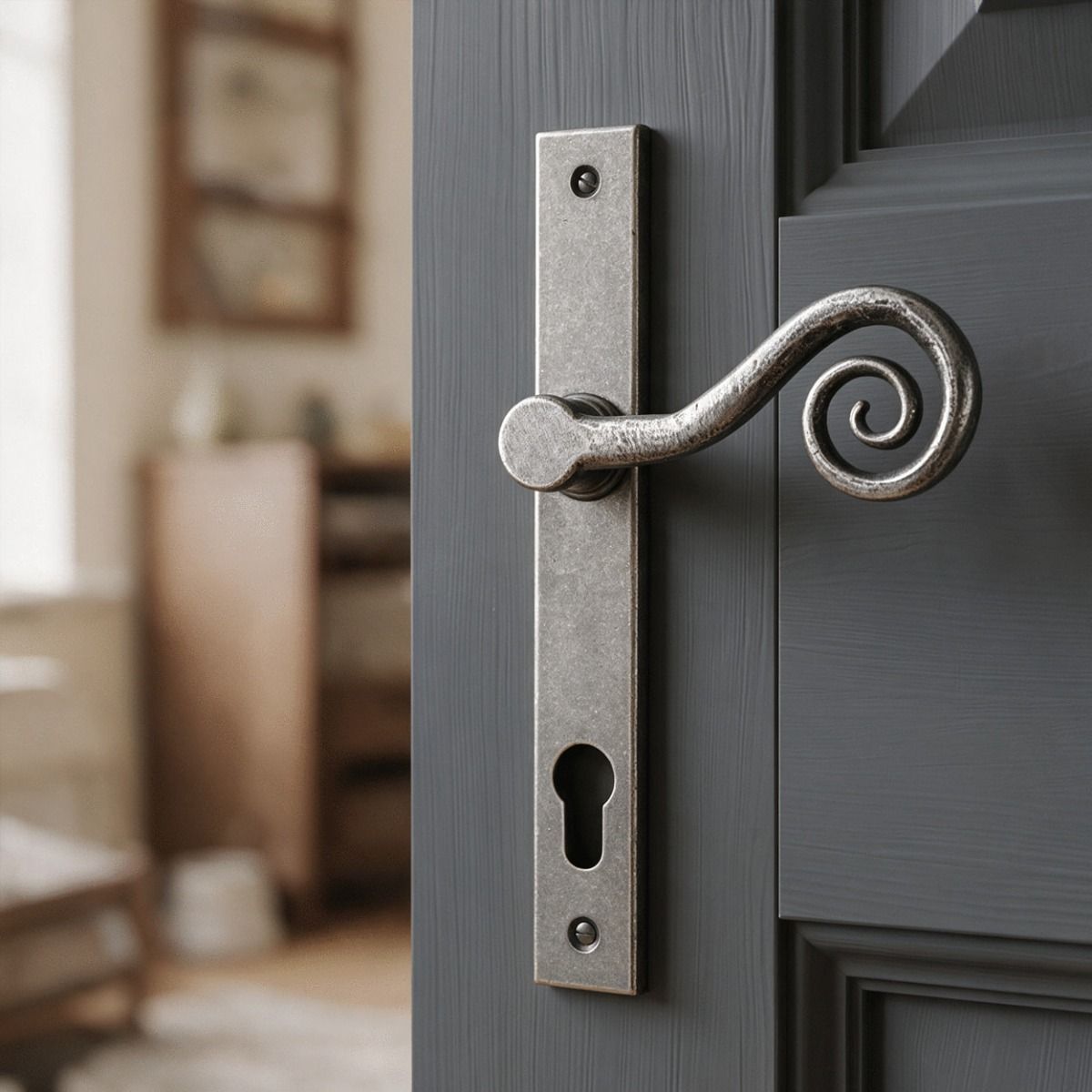 The Left Handed "Barbary" Pewter Slim Monkey tail Espagnolette Lock Set on a Grey Door in a Modern Home - Digital Illustration
