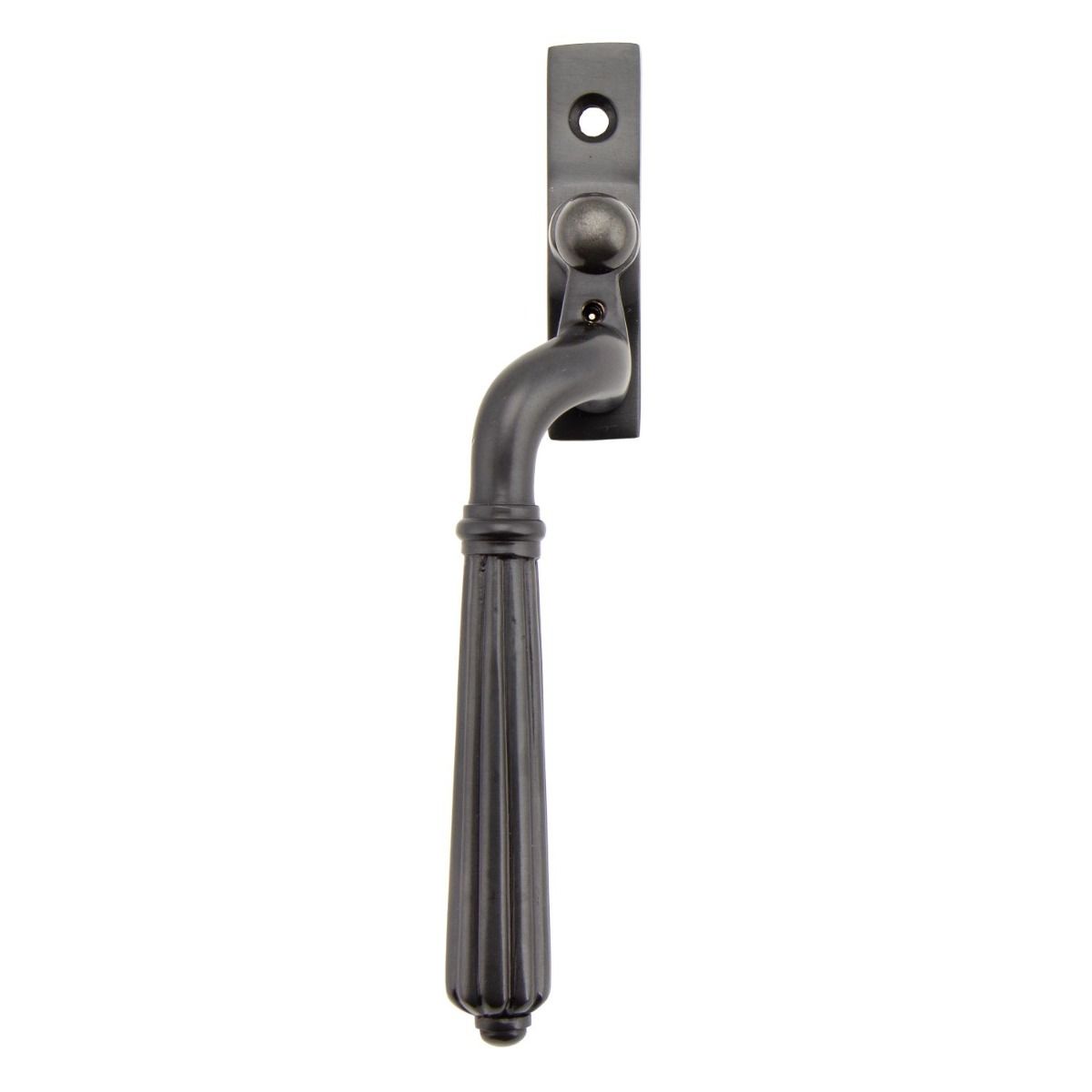 The Left Handed Aged Bronze Reeded Georgian Espagnolette Window Handle on a White Background on a White Background 