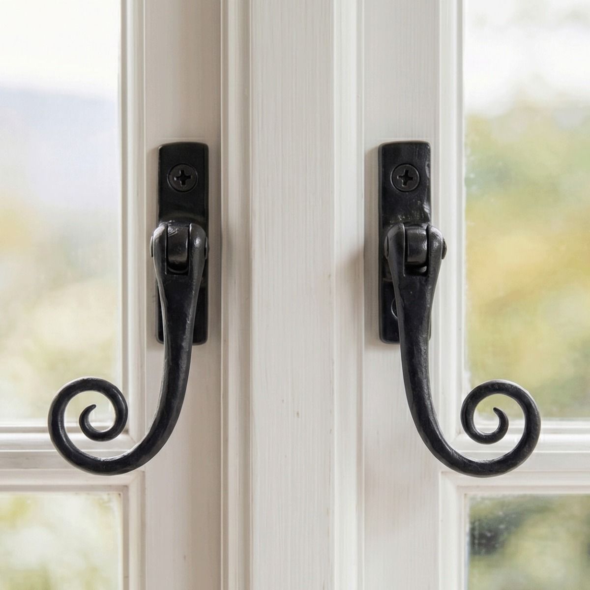 The Left Handed and Right Handed Black Iron Monkeytail Casement Fastener With Espagnolette on a Wooden White Window Frame - Digital Illustration