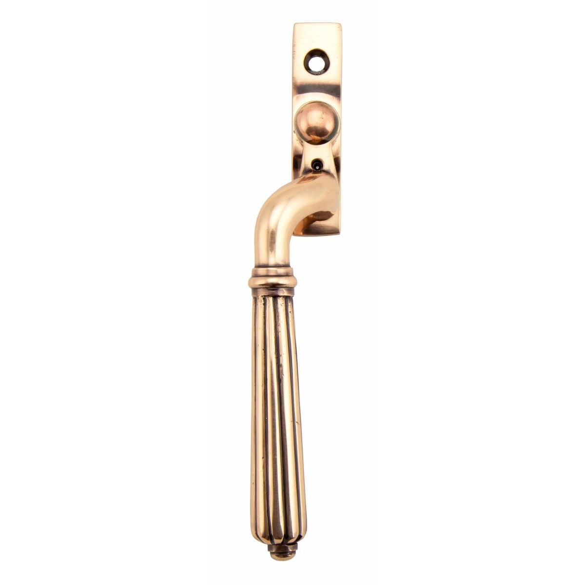 The Left Handed Polished Bronze Reeded Georgian Espagnolette Window Handle on a White Background 