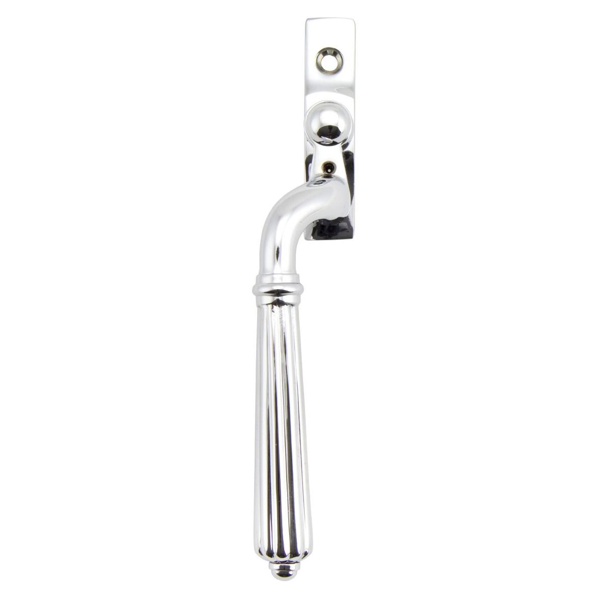 The Left Handed Polished Chrome Reeded Georgian Espagnolette Window Handle on a White Background 