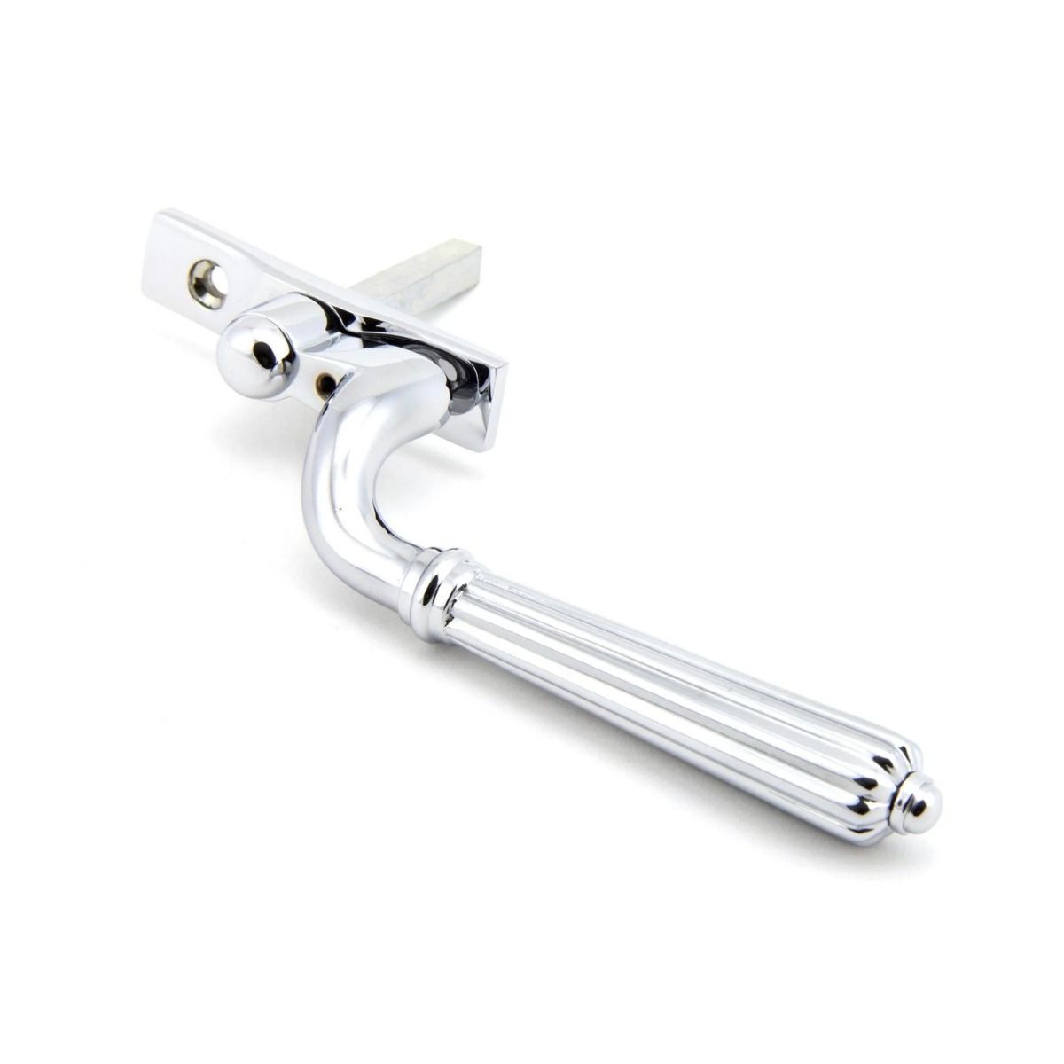 The Left Handed Polished Chrome Reeded Georgian Espagnolette Window Handle on a White Background Shown on its Side 