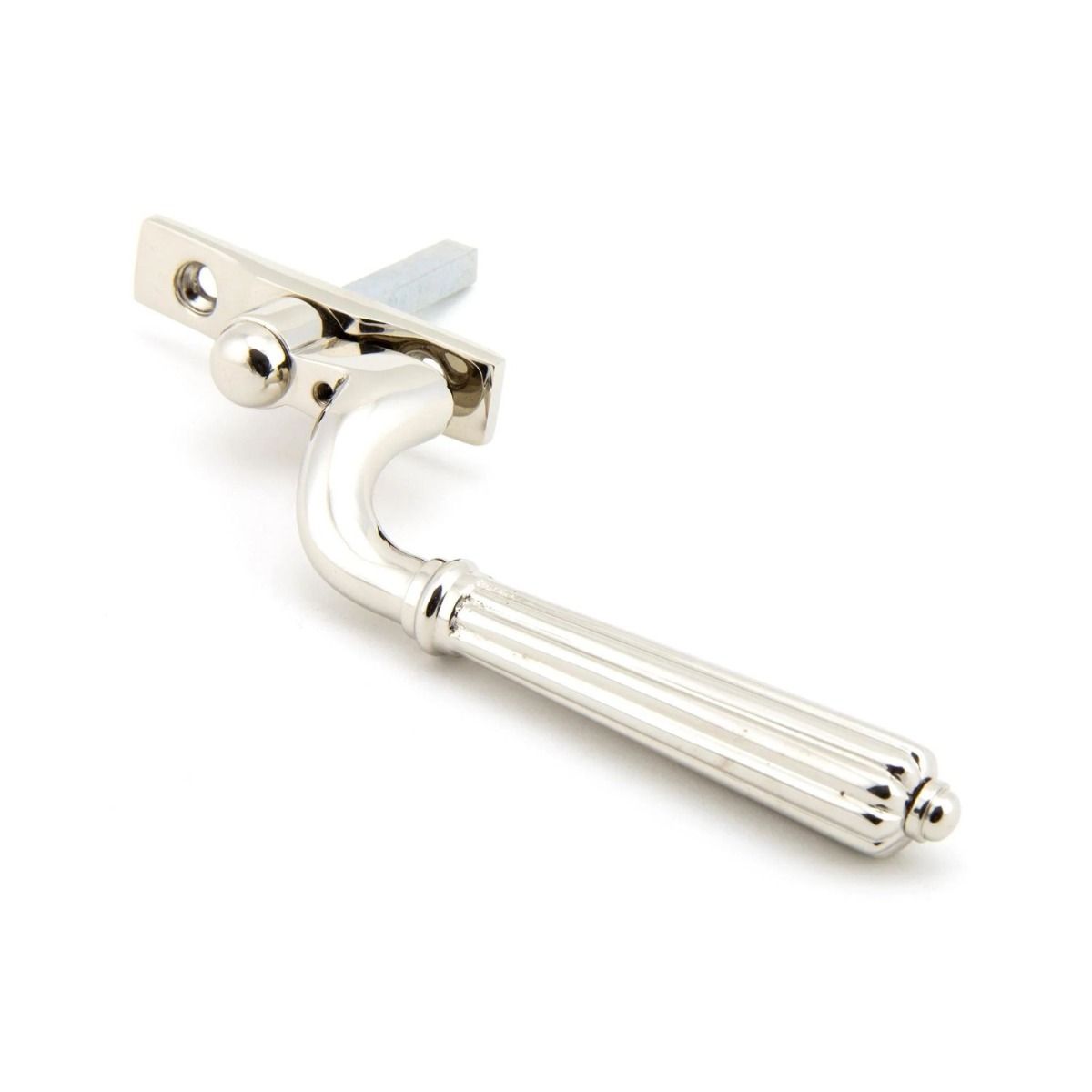 The Left Handed Polished Nickel Reeded Georgian Espagnolette Window Handle on a White Background Shown on its Side 