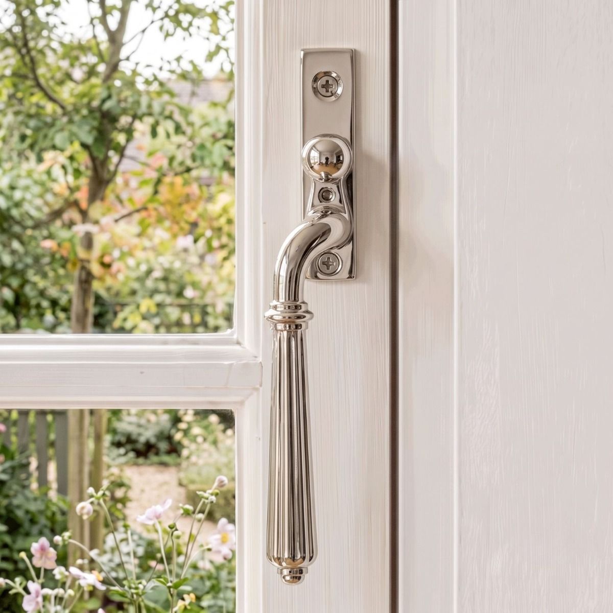 The Left Handed Polished Nickel Reeded Georgian Espagnolette Window Handle on a White Wooden Window Frame in a Country Home- Digital Illustration