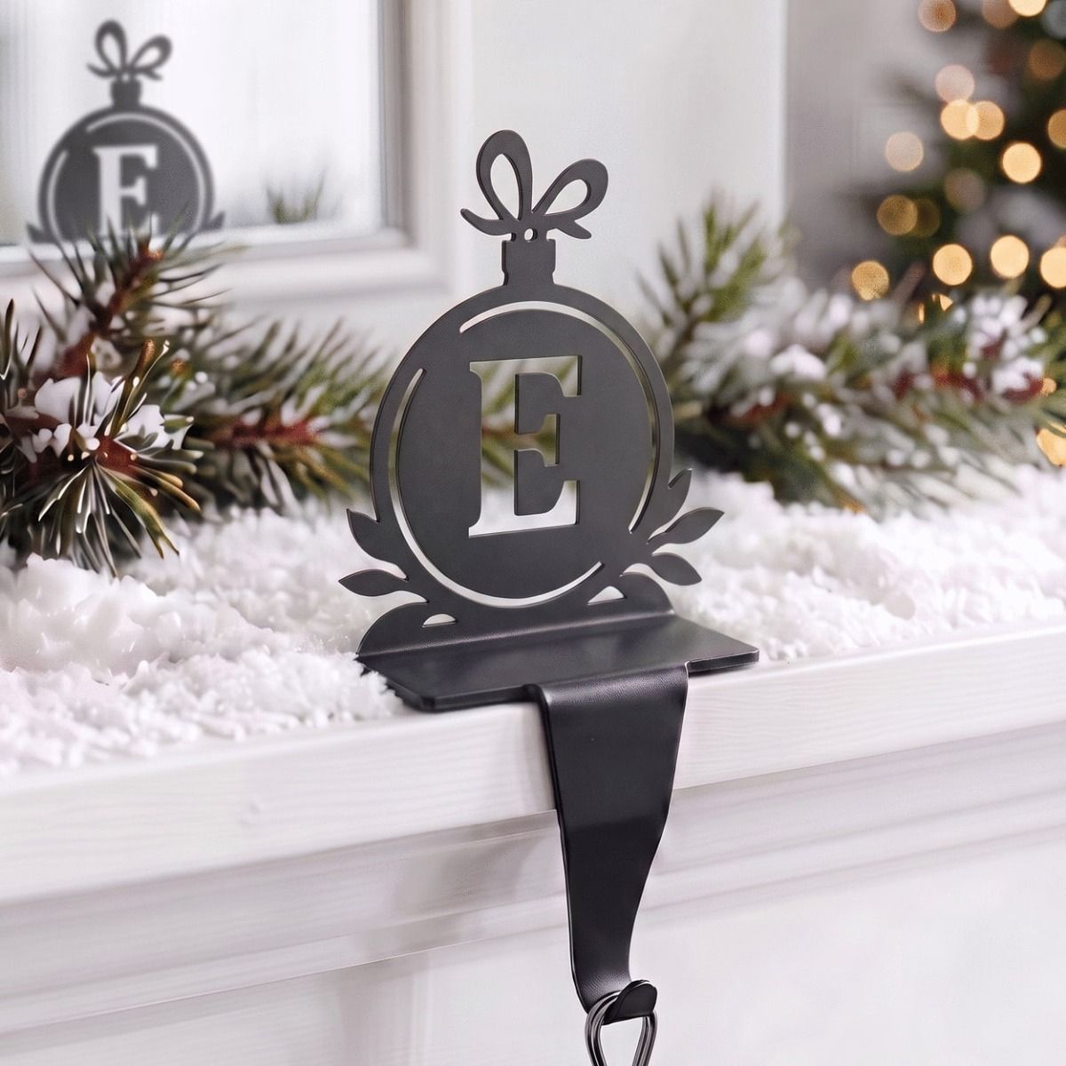 The Letter E Stocking Holder on a Snow Covered Mantelpiece - Digital Illustration