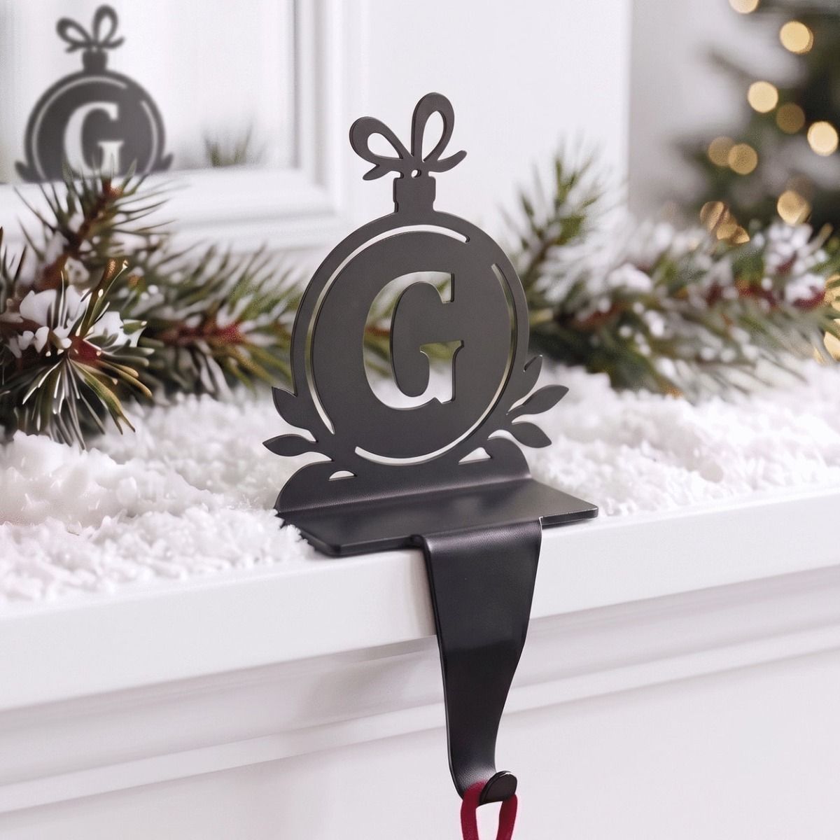 The Letter G Stocking Holder on a Mantelpiece in a Home decorated with Christmas Decor - Digital Illustration 