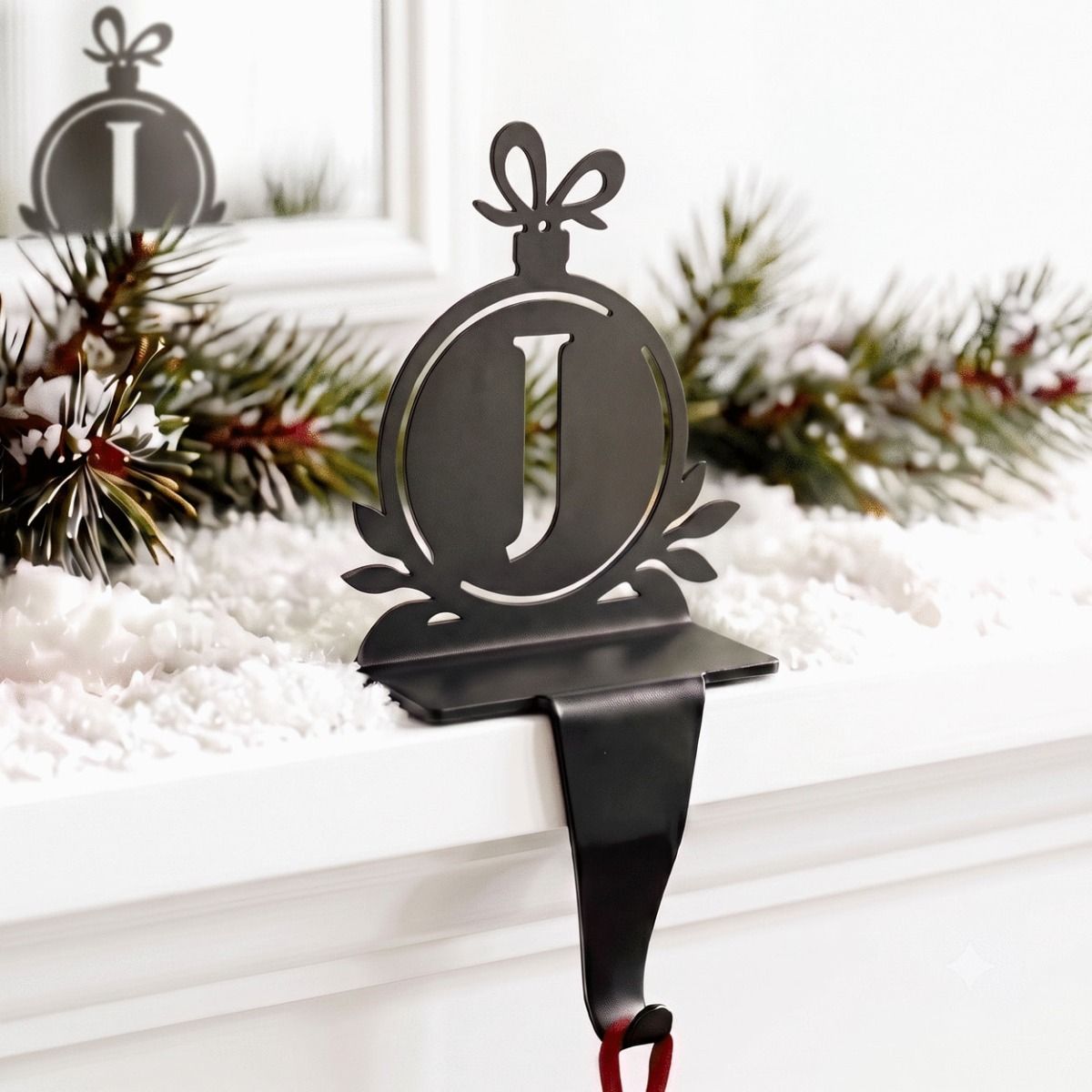 The Letter J Stocking Holder in a Modern Interior Decorated for Christmas - Digital Illustration