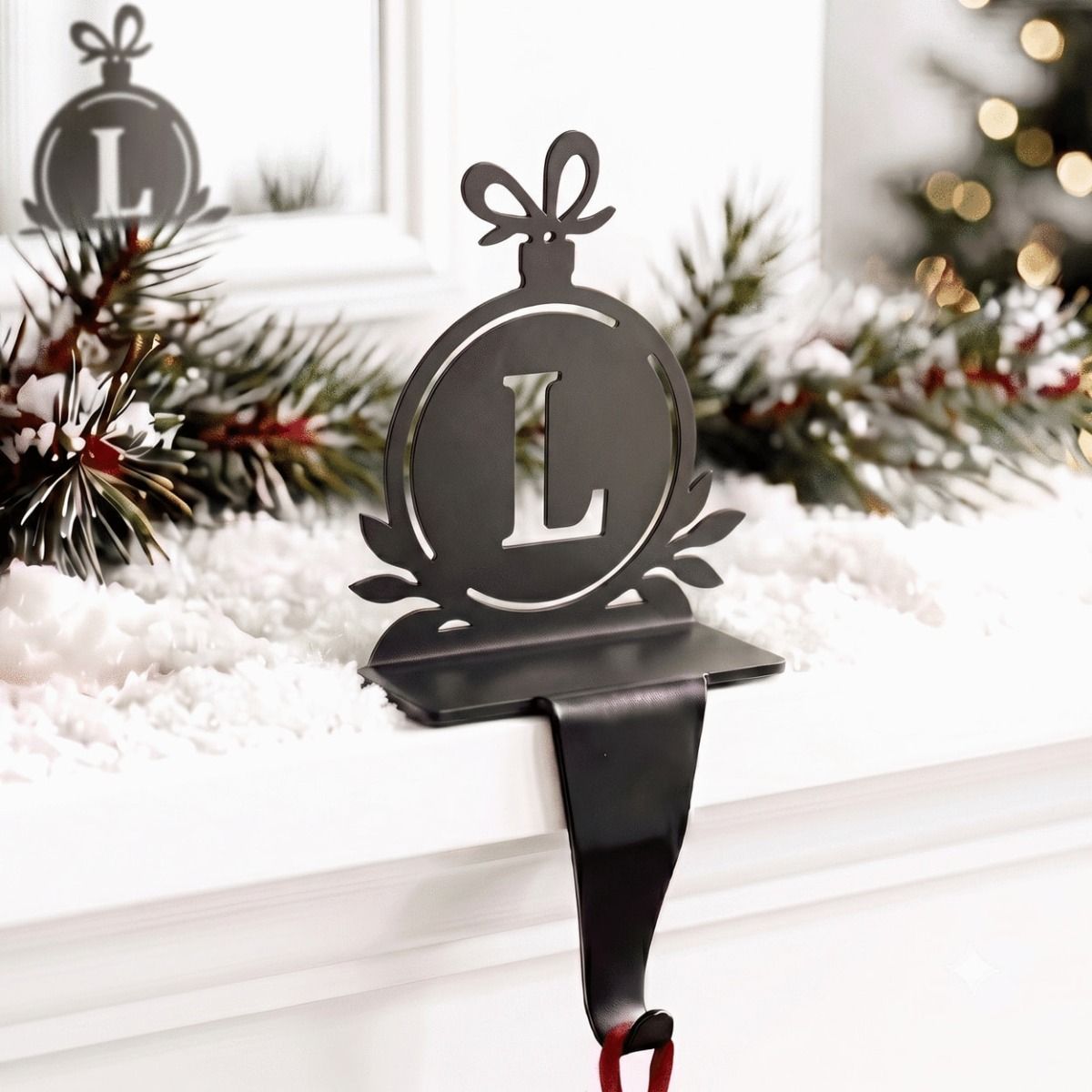 The Letter L Stocking Holder on a White Mantelpiece with Christmas Decorations on it - Digital Illustration