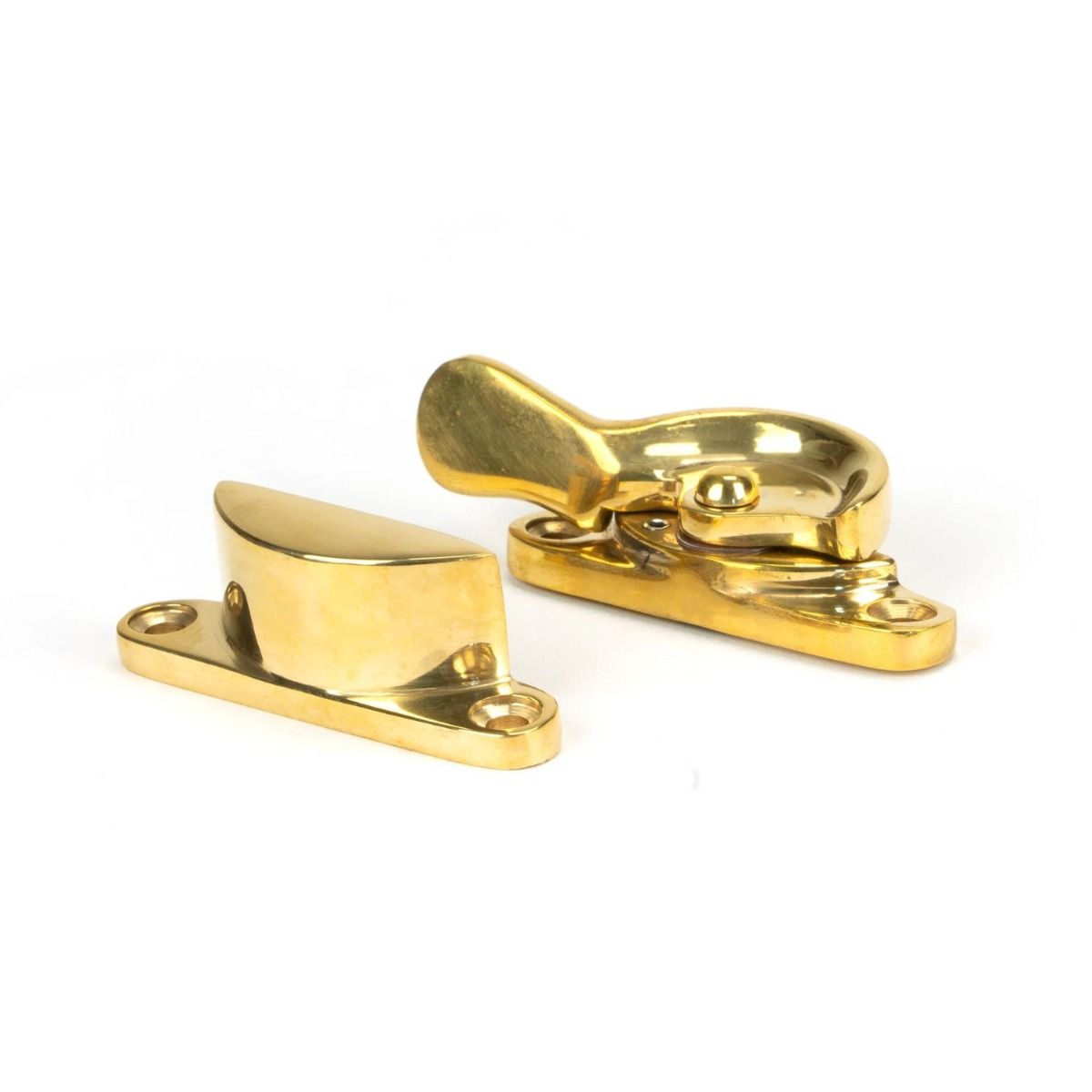 The Locking Fitch Sash Window Fastener - Polished Brass on a White Background 
