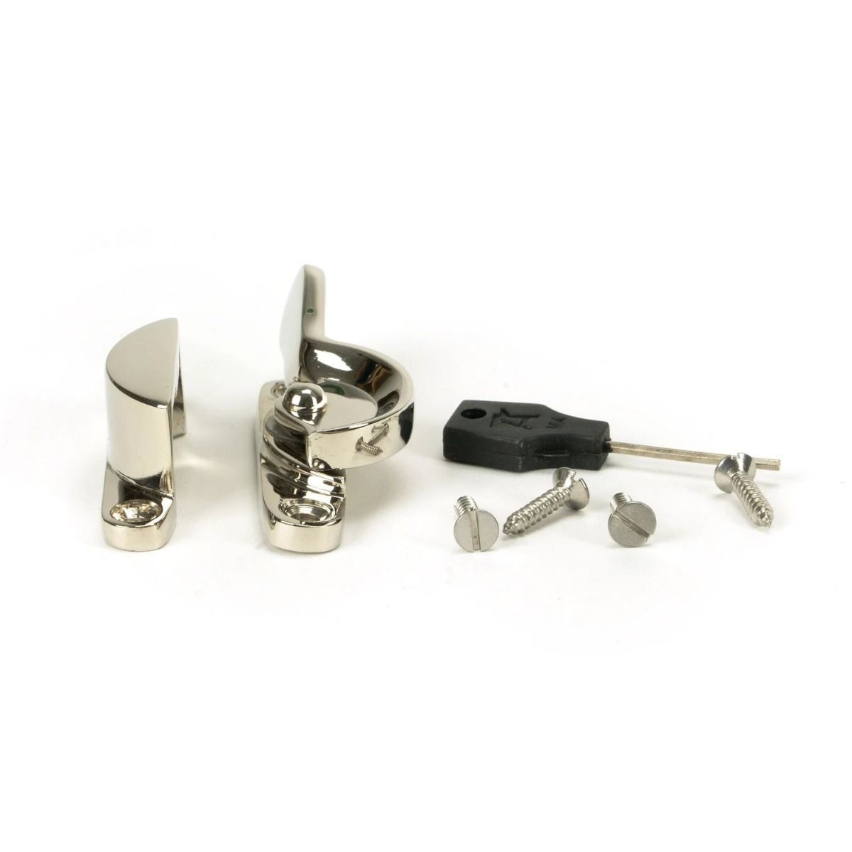 The Locking Fitch Sash Window Fastener - Polished Nickel with Components 
