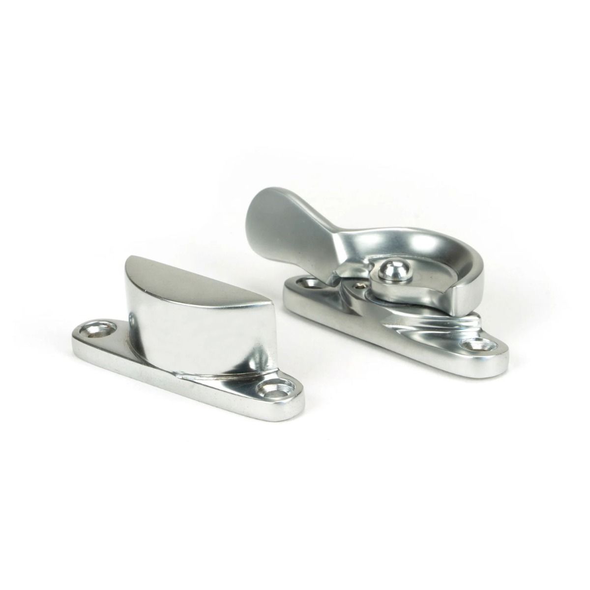The Locking Fitch Sash Window Fastener - Satin Chrome on a White Background 