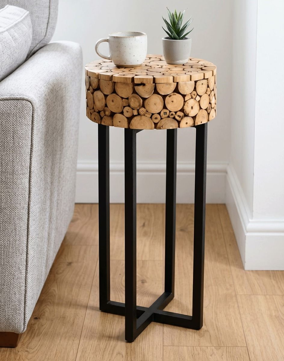 The Log Design Side Table Placed next to a Living Room Sofa - Digital Illustration