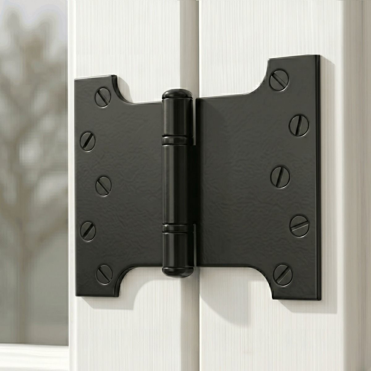 The Long Black Iron Parliament Hinge Pair Mounted on the Inside of a Modern White Window Frame - Digital Illustration