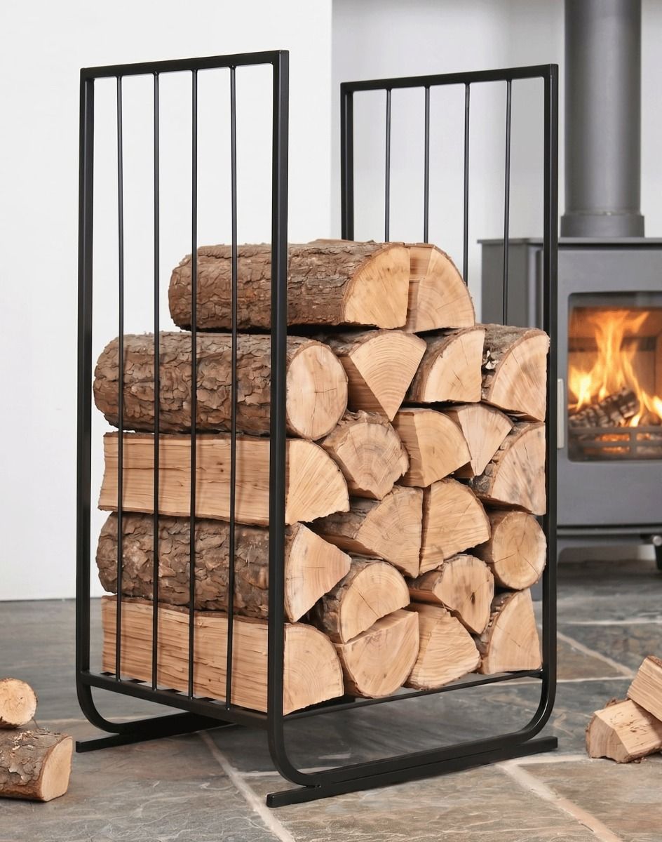 The Long Contemporary Log Store Stacked with Wood in Front of a log Burner Stove - Digital Illustration