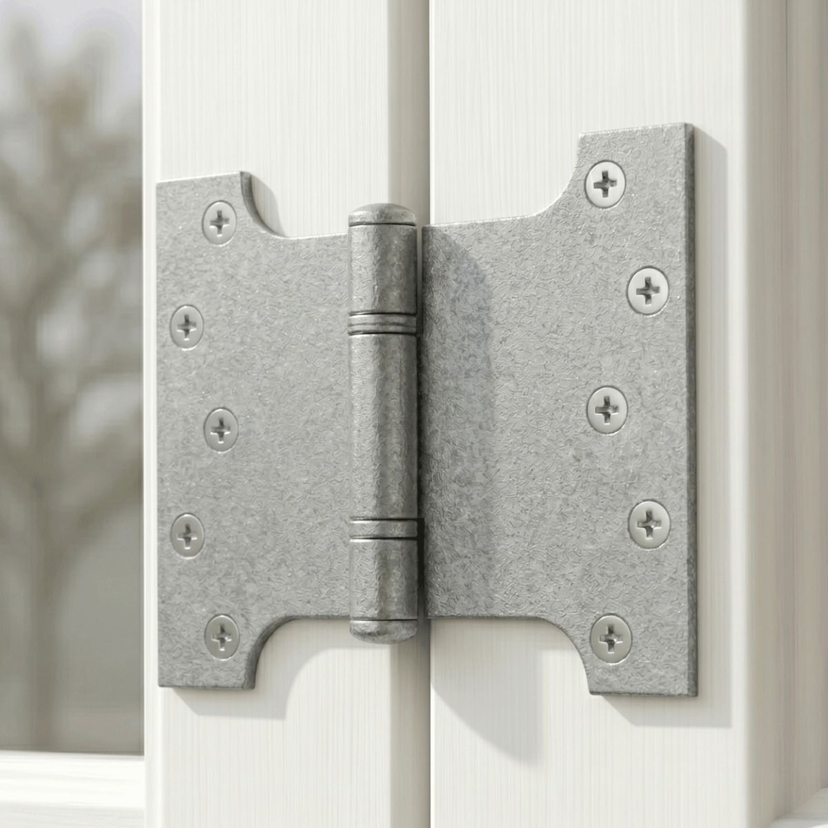 The Long Pewter Parliament Hinge Pair Shown Mounted on a Classic White Window Frame - Digital Illustration 