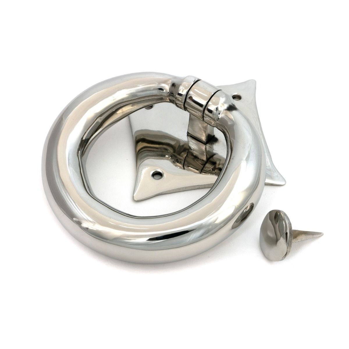 The Lorien Ring Door Knocker in Polished Stainless Steel Shown on a White Background with Striker Plate