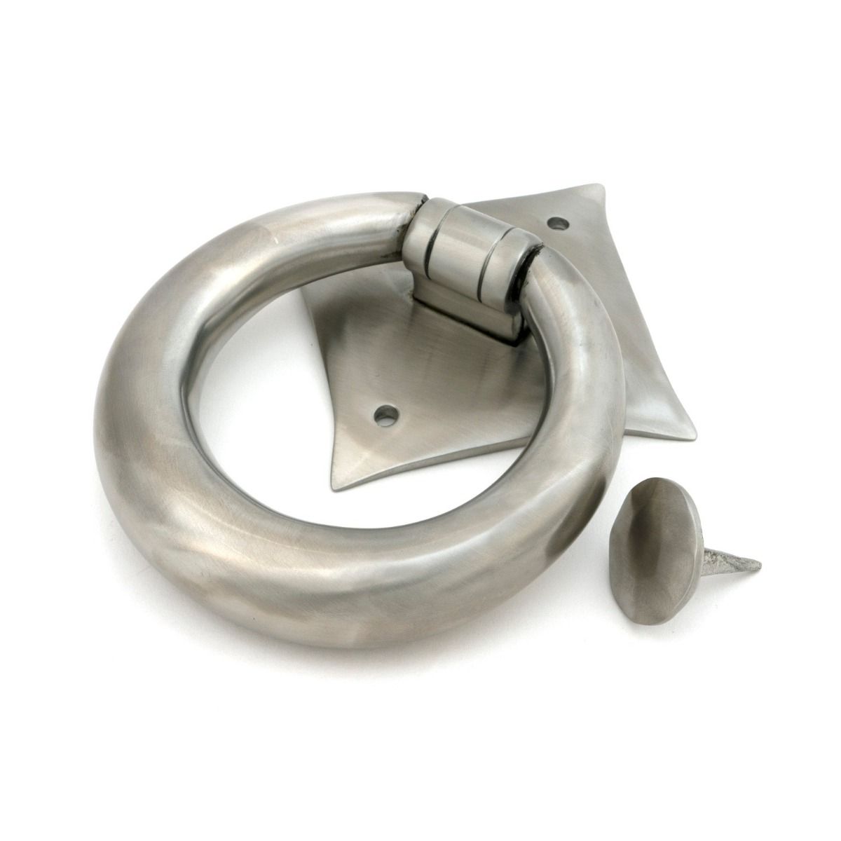 The Lorien Ring Door Knocker in Satin Stainless Steel Shown on a White Background with Striker Plate