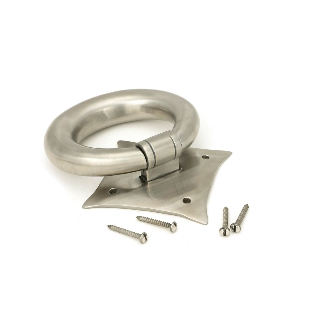 The Lorien Ring Door Knocker in Satin Stainless Steel Shown with Supplied Screws