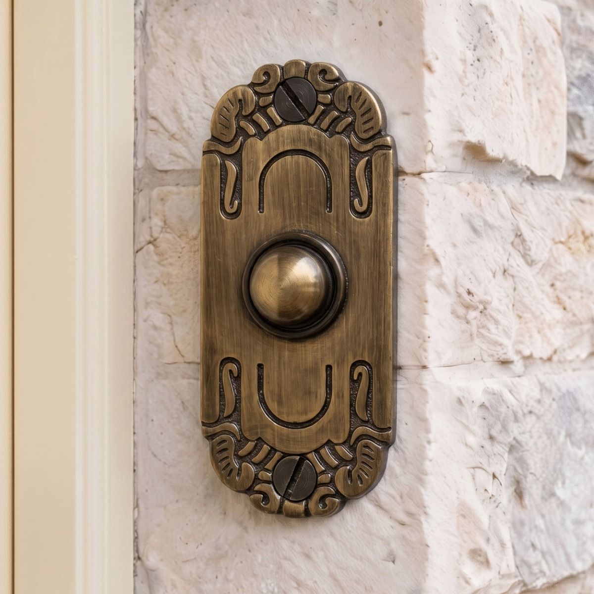 The "Mackintosh" Antique Brass Ornate Bell Push on a Cream Coloured Stone Wall next to a Front door - Digital Illustration 