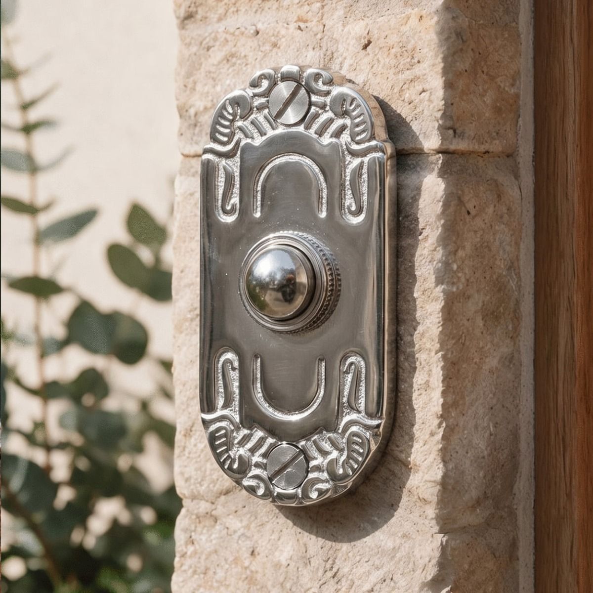 The "Mackintosh" Bright Chrome Ornate Bell on a Sunny Home Wall next to a Front Door - Digital Illustration