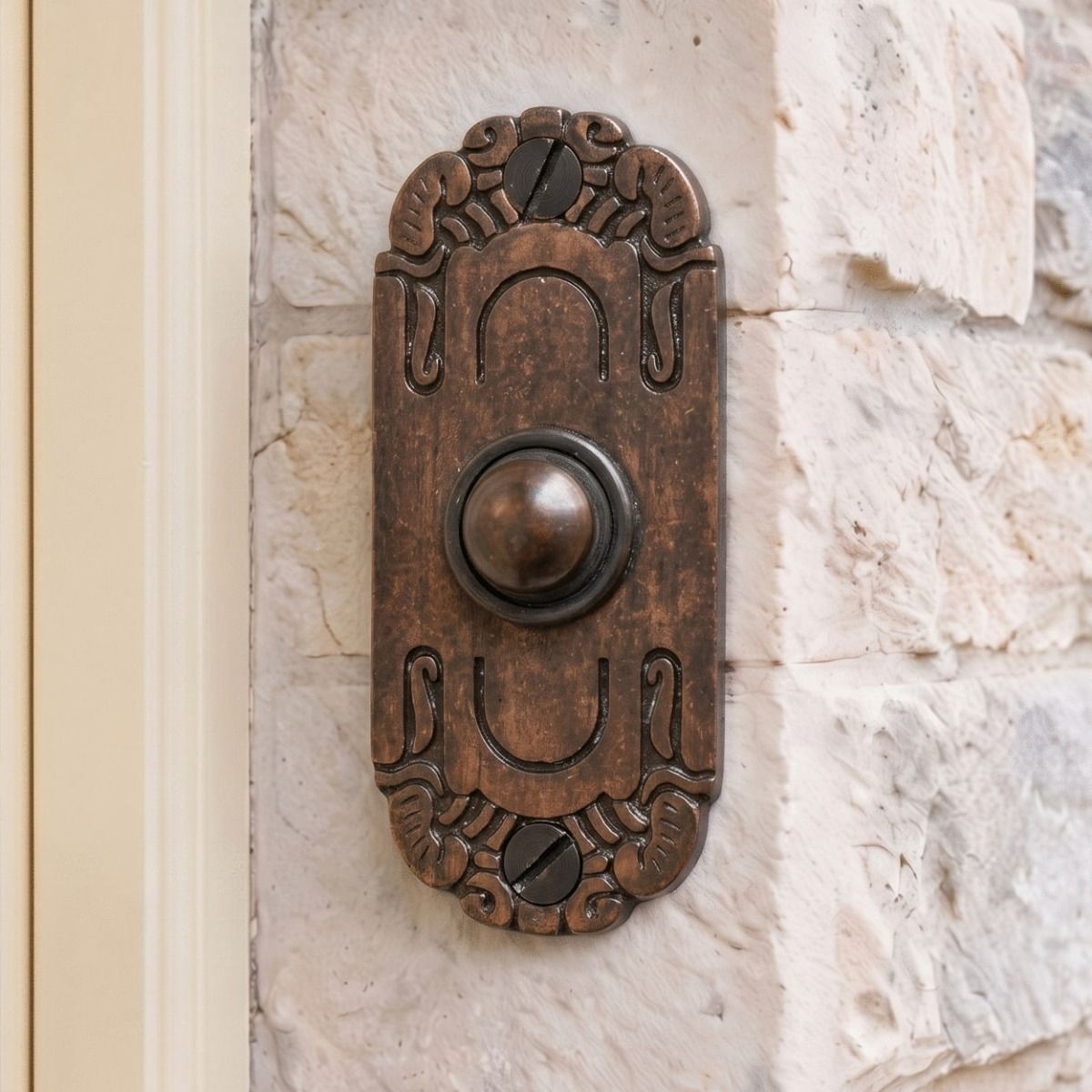 The "Mackintosh" Burnished Copper Ornate Bell Pushes on a White Stone Wall in Front of a Country Home - Digital Illustration