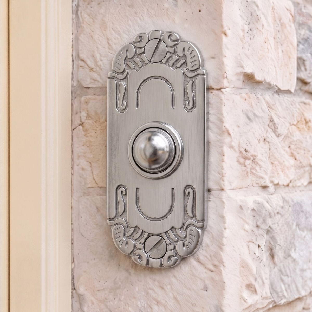 The "Mackintosh" Satin Chrome Ornate Bell Push on a White Stone Wall on a Cottage Entrance - Digital Illustration 